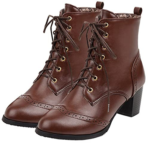Betastella Women's Wingtip Lace Up Booties Chunky Heel Ankle Boots, Size 9, Brown