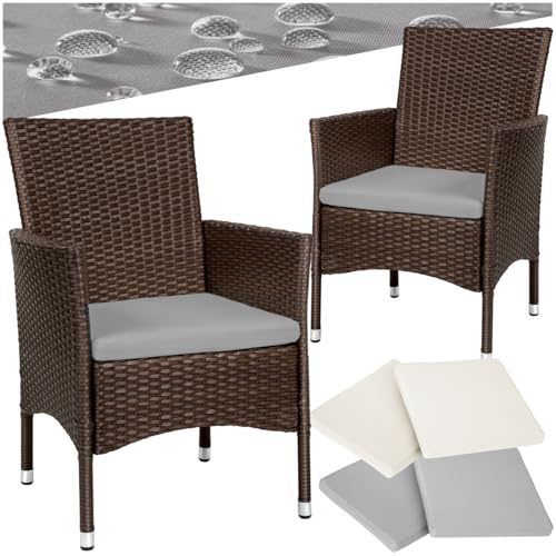 tectake® Set di 2 Sedie da Giardino in Poly Rattan di Alta Qualità, 4 Rivestimenti di Ricambio, Design Moderno con Morbidi Rivestimenti Beige e Grigio, Imbottiture Rimovibili - Marrone/Beige