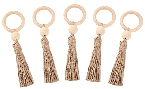 HLIWS 5 Piezas Servilleteros con Cuerda De Yute,Hebilla de servilleta Bohemia,Anillos para Servilletas de Madera,para Decoración del Hogar,Fiesta