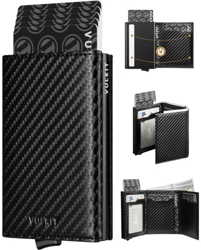 VULKIT Portafoglio Uomo in Pelle Bi-Fold con Blocca RFID, Spazioso, Anti-RFID, Nero