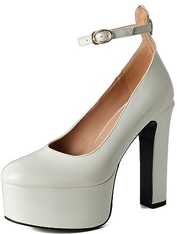 Scarpe da Donna con Plateau e Tacco Grosso in Vernice Punta Chiusa Punta Tonda Cinturino alla Caviglia Cinturino Abito Cerimonia Nuziale Sexy Discoteca Scarpe décolleté,Bianca,38 EU