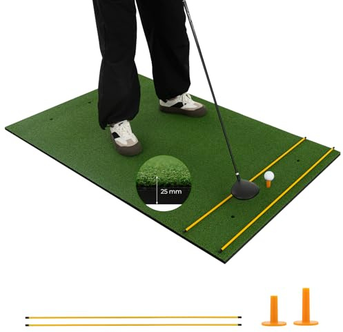 COSTWAY Tapete de Golf 3 en 1, Alfombrilla de Césped Sintético, Densidad 20/25mm, 2 Tees/2 Palos de Alineación, 3 Orificios para Tees, Uso Interno y Externo (152 x 92 cm/25mm)