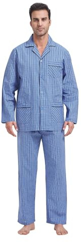 GLOBAL Mens Cotton Pyjamas Set | Drawstring Elastic Waist,Button Fly,Lightweight, Nightwear, Machine Washable,Revere Collar Loungewear,Gifts for Him