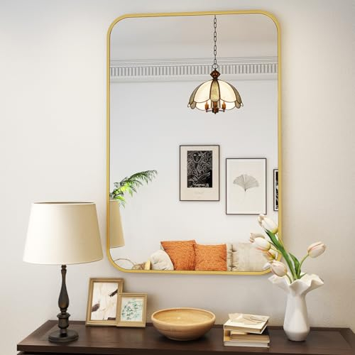 Koonmi Wandspiegel Gold, 61x91 cm Badezimmerspiegel mit runder Ecke, Morden Spiegel Wand mit Rahmen aus Aluminiumlegierung für Wand montiert horizontal oder vertikal, Gold