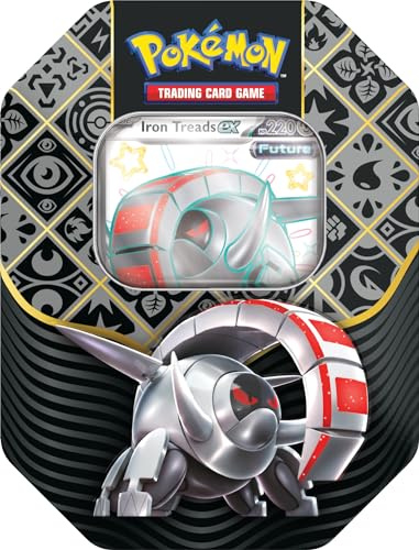 Pokémon TCG: Scarlet & Violet—Paldean Fates Tin — Iron Treads ex (1 Carta Promocional de florete y 4 Paquetes de Refuerzo)