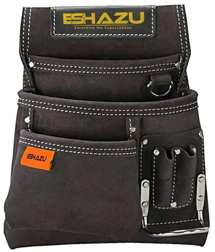 ESHAZU Leather Tool Belt Pouch with Multiple Pockets | Hammer Holder and Nail Organizer for Builders, Carpenters, Gardeners, Electricians - Dark Brown