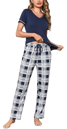 Litherday Ensemble de Pyjama Femme Coton Vêtements de Nuit à Manches Courtes + Bas de Pyjama à Carreaux Vêtement d'Intérieur Bleu XXL