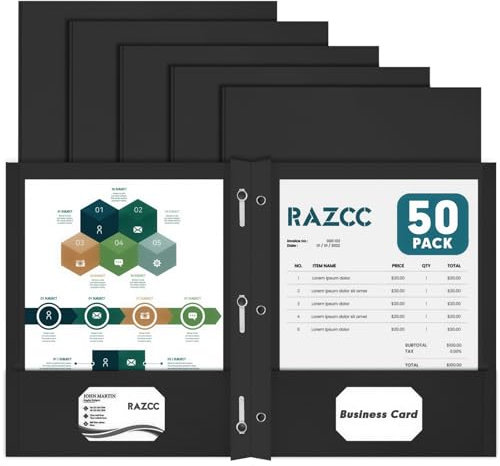 RAZCC 50 Pack Two Pocket Folders With Prongs, 3 Prong Folders Fit Letter Size Paper, File Folders for School Office Home Business, Black