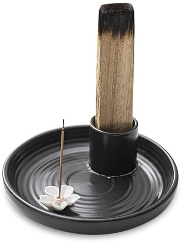 PRITOK Keramik Räucherschale: 2 in 1 Räucherschale, Keramik-Räucherstäbchenhalter, Aschefänger-Tablett für Meditation, Blumendesign Räucherschale für Jedes Räucherwerk, Räucherstäbchen, Schwarz