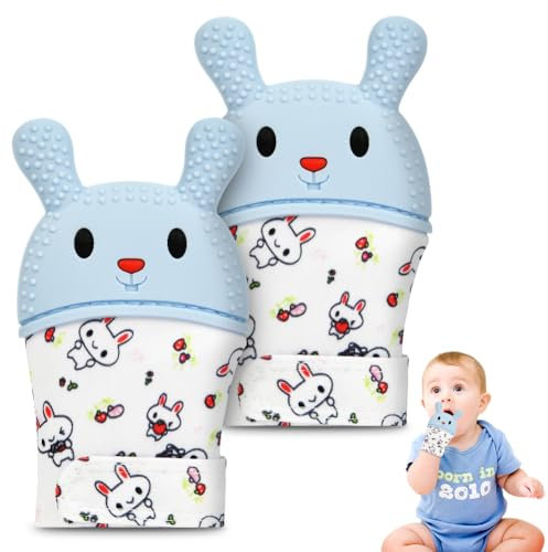 HOTUT Baby Beißhandschuhe, 2 Stück Beißringe Baby Spielzeug, BPA-frei, Tiermotive, Sensorische Fäustling Beißspielzeug Zahnungshilfe, Zahnen & Greifling für 0-6 Monate Babys (Blau-Hase)