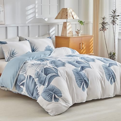 Lekesky Bettwäsche-Set für Doppelbett 240 x 220 cm, 3-teiliges Bettwäsche-Set aus Mikrofaser mit Aquarellmuster, bestehend aus 1 Bettbezug 240 x 220 cm + 2 Kissenbezüge 50 x 80 cm, Blaue Blätter