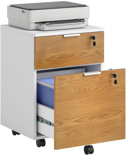 HOMCOM 2-Drawer Mobile Filing Cabinet, Lock, 5 Wheels, Natural Wood Effect | Home Office File Cabinet, for A4/Letter Sized Documents, Hanging File Folders, Under Desk, 42 x 40 x 60 cm