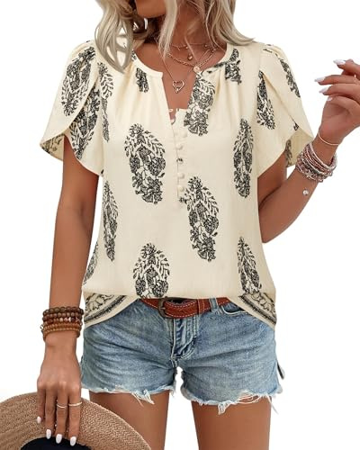 Timeson Womens Tops Summer: Casual Short Sleeve — Linen Shirts for Women — Plus Size Spring Clothes Fashion Ladies Tops and Blouses Loose Fit Boho Business Work Wear Flowy Office Vertical Date Outfits