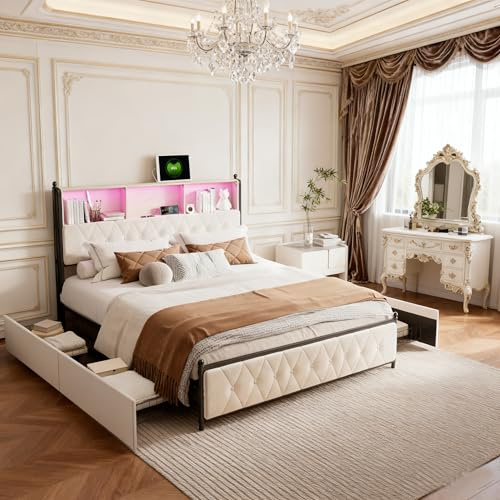 Bett 180x200, Polsterbett Doppelbett mit LED und USB, 4 Schubladen, Kopfteil mit Stauraum, Boxspringbett Bettgestell mit Lattenrost, Modern Jugendbett Erwachsenenbett, Samt, Beige, Ohne Matratze