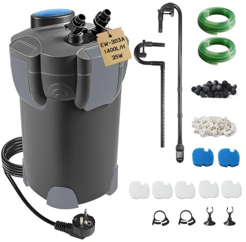 EXLECO Filtre Extérieur Aquarium 1400L/H 35W Pompe Externe D'aquarium Réglable avec Matériau Filtrant, Filtre Bassin Poisson Silencieux avec 3 Étapes de Filtration pour Réservoir Jusqu'à 300 L Noir
