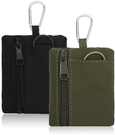 XRVRILE 2 Piezas Llavero Monedero Hombre Pequeño, Bolsa Táctica de Lona Negra, Mini Cartera con Mosquetón y Cinturón, Monedero Compacto EDC para Llaves, Monedas y Tarjetas