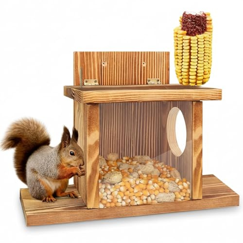 Comederos para ardillas para exterior, caja de madera con tapa abatible y ventana transparente, resistente a la intemperie, con forma de nuez, para terraza de madera, cerca de árbol, 14 x 5 x 9 p