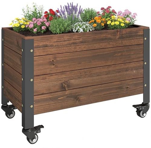 Outsunny Jardinera Exterior de Madera con Ruedas, Huerto Urbano Elevado con Orificio de Drenaje y Tela no Tejida, Macetero Exterior Rectangular para Jardín, Terraza, 60x30x41 cm, Marrón Oscuro