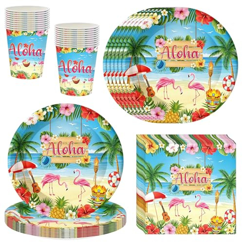 AINIUNIU Aloha Födelsedagsfestservis för 20 Gäster, Hawaii-festdekoration med 20 Flamingo Papptallrikar, 20 Koppar och 20 Servetter, Flamingodekoration, för Sommarfester, Barnkalas, Luau, Poolfest
