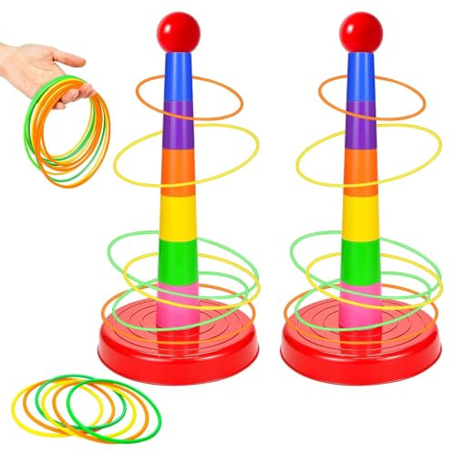 26 Piezas Juego de Lanzar Aros, Juegos Exterior Niños con 2 Conos y 24 Anillas, Conos de Juegos para Fiestas Jardín, Actividades Familiares y Deportes Escolares