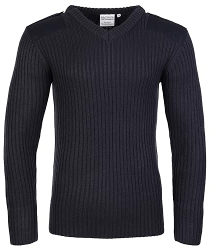 Fort - V-Neck Combat Jumper - Size Large, Navy - Heavyweight Military-Style Knitted Sweater with Epaulettes, Elbow & Shoulder Patches - 100% Acrylic Workwear Pullover - Smart Work Jumpers for Men