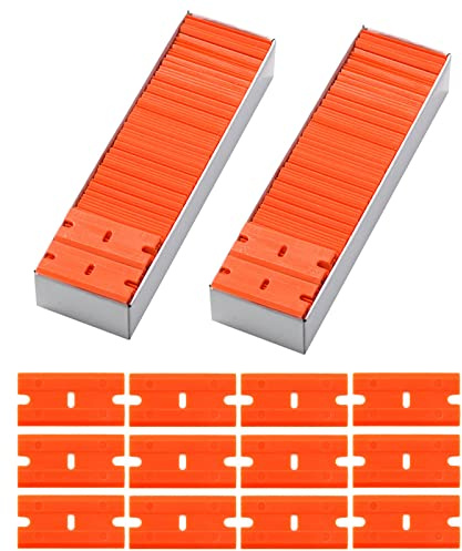 FOSHIO Plastic Razor Blades 200PCS Double Edged 1.5 Inch Suit for Razor Blade Scraper, Plastic Scraper for Remove Decals Stickers Adhesive Label and Glass Clean, Orange