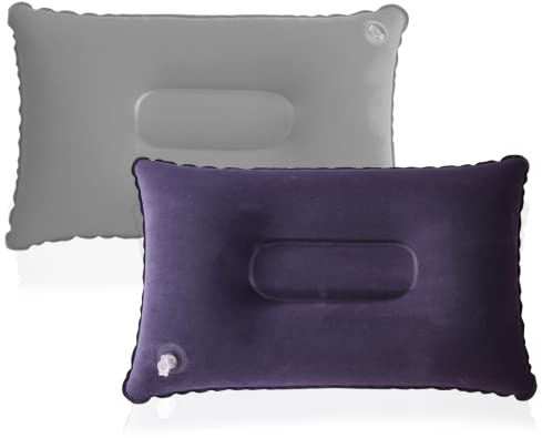 JSUOEO Inflatable Pillows for Camping, 2 Pack Ultralight Compact Portable Compressible Blow Up Travel Outdoor Pillow Soft Flocked Surface for Neck & Lumbar Support, Blue+Gray
