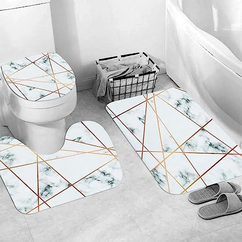 Badteppich 3 Stück Weiche saugfähige Badematten,Marmor goldene geometrische Linien schwarz-weiß marmorierte Oberfläche modern,Rutschfeste Badematte Teppiche & Toilettendeckelabdeckung Set Waschbar