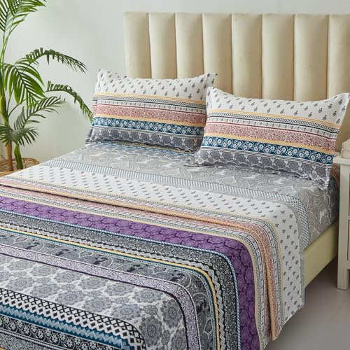 Boho Sheet Set Queen Size Purple Bohemian Striped 4 Piece Bed Sheets 14'' Deep Pocket Indian Tribal Mandala Floral Retro Bedding Sheets(1 Flat Sheet, 1 Fitted Sheet, 2 Pillowcases)