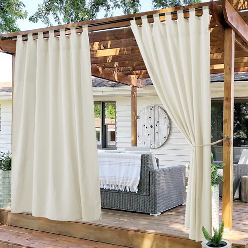 PONY DANCE Cortina de Exterior para Porche Impermeable Cortinas Lino con Trabillas Translucidas para Terraza Pergolas de Jardin, 2 Piezas, 140x274 cm, Crema