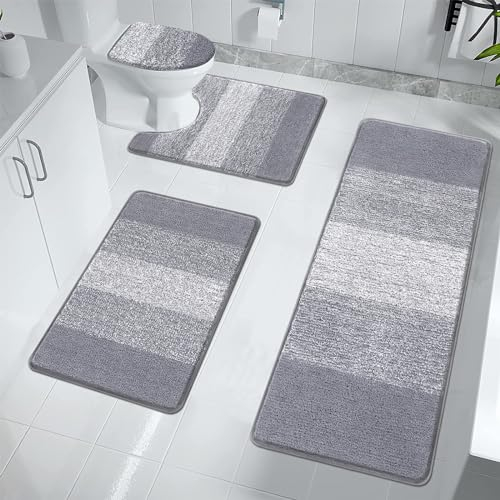 Enyhom Badezimmerteppich Set 4 teilig rutschfest Waschbar Badematten WC Vorleger mit Ausschnitt, Mikrofaser Badvorleger Set und Toilettendeckel Duschvorleger, Hellgrau