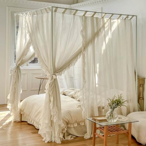 Mengersi Canopy Bed Curtains,Linen Bed Canopy Curtains 4 Corner Bed Drapes Canopy Curtains for Bedroom Decor (Ivory,Queen)
