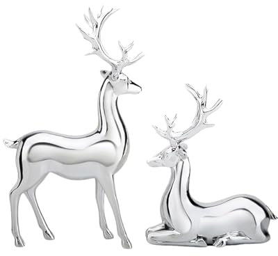 Rentier-Skulptur | 2 Stück Rentierfiguren | Dekofigur Rentier Weihnachtsdeko | Rentier Weihnachtsdekoration | Galvanisierte Silberne Hirschfigur | Dekorative Harzskulptur Für Zuhause
