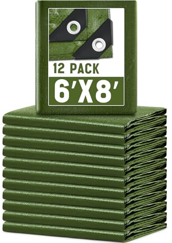 GliCraft 12 Pack 6 x 8 ft 5.5 Mil Large Tarps Heavy Duty Waterproof Tarp Multi Purpose Tent Cover for Home Boats Cars Camping Patio Furniture Roof Emergency Rain Protective Cover, Army Green