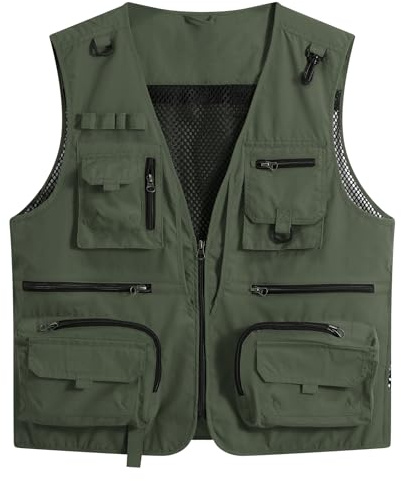 YOUTHUP Mens Utility Fishing Vest Outdoor Multi Pocket Work Vests Summer Hunting Photography Safari Gilet, Army Green, L