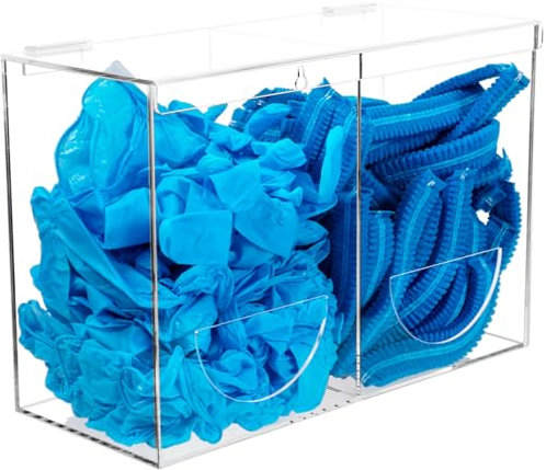 SEANADO Clear Acrylic Glove Dispenser – Wall Mounted or Freestanding PPE Organiser with Lid, Dual Compartment Hygiene Station for Disposable Gloves, Hairnets, Shoe Covers, and Plastic Bags