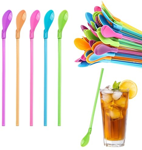 20 Pièces Pailles Cuillère,Paille Reutilisable,Paille Bubble Tea,Cuillères Colorées 2 en 1,Agitateurs de Cocktail,Cuillères à Pailles en Plastique Coloré,Reutilisable pour Smoothies,les Milkshakes
