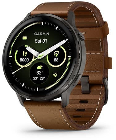 Garmin Venu 4, 45 mm, avancerad hälsa och fitness GPS Smartwatch, ljus och färgglad skärm, inbyggd ficklampa, 12 dagars batteritid, skiffer med svart silikonband/brunt läderband