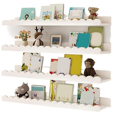 Fobufue 4 Estantes Festoneados, Estanterías Flotantes Blancas de 15,6 Pulgadas para Guardería, Estantería Festoneada para Libros, Decoración de Pared para Niños