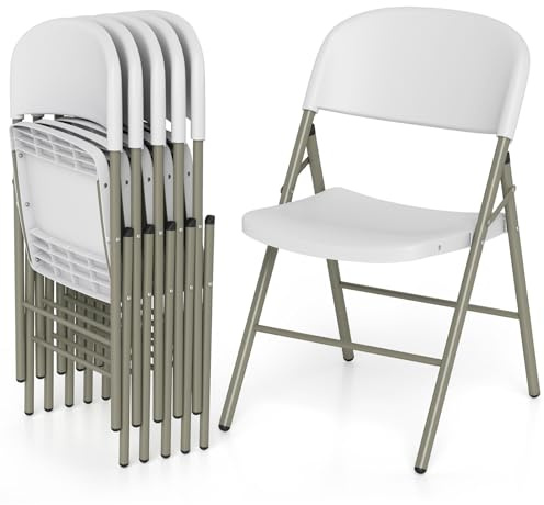 COSTWAY Chaises Pliantes Interieures en Plastique Lot de 6, Cadre Métal Robuste, Chaises Bureau Confortable pour Salle à Manger, Réception, Extérieur, Charge 150 KG (Blanc)