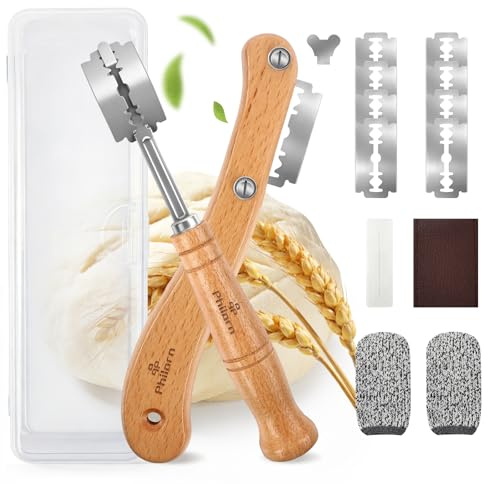 PHILORN 2pcs Set Bread Lame with 10 Stainless Steel Blades, Finger Sleeves and Protective Cover - Sourdough Razor Scorer with Straight & Curved Scoring Knife - Ergonomic Wooden Handle Gift for Bakers