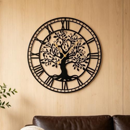 LIFEZEAL Grande Horloge Murale Silencieuse 68 cm, Horloge Murale Design Moderne Arbre de Vie en Métal, Pendule sans Tic-Tac à Piles, Décoration Murale pour Salon, Chambre, Bureau (Style1)