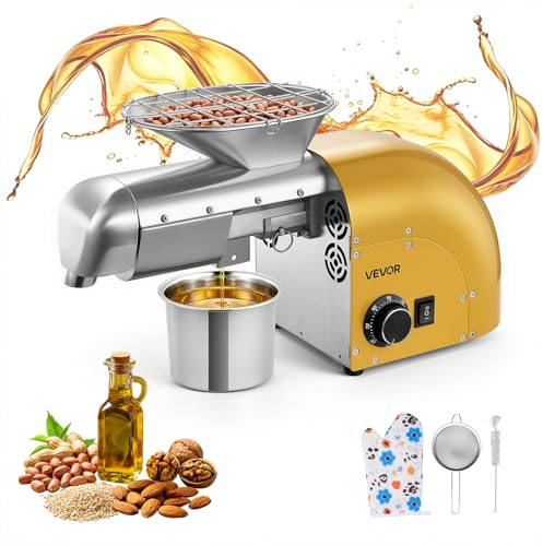 VEVOR Macchina Pressa Elettrica Spremitura dell'Olio, Estrattore Automatico 1250 W Frantoio per Olio 5 kg/h Pressatura a Caldo Freddo, Estrazione Semi Arachidi Sesamo Mandorle, Acciaio Inox, Giallo