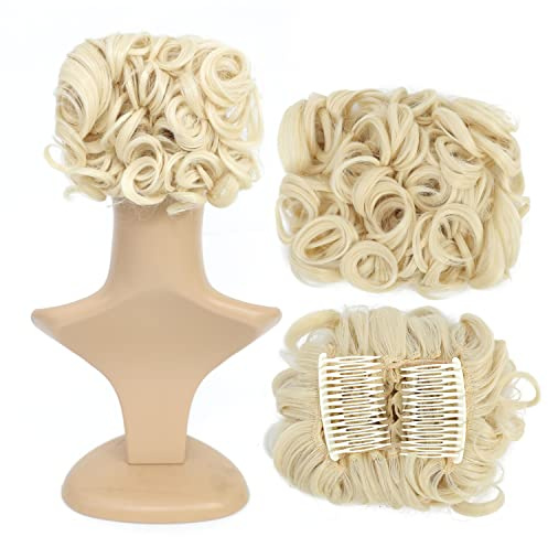 SWACC Short Messy Curly Dish Hair Bun Extension Easy Stretch hair Combs Clip in Ponytail Extension Scrunchie Chignon Tray Ponytail Hairpieces (Light Blonde-613#)