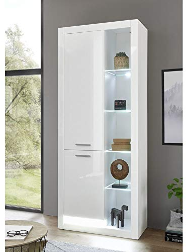 Lomadox Vitrinenschrank in Hochglanz weiß, Stauraumelement mit 2 Türen Links montierbar, inkl. LED-Beleuchtung, B/H/T: 80/195/37cm