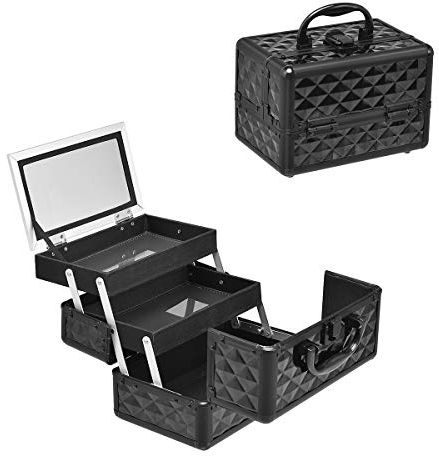 LIFEZEAL Valigetta Rigida Professionale per Trucchi a 3 Livelli, Porta Cosmetici, Trousse, Scatola, Beauty Case, Organizer Makeup, con Specchio, Manico e Chiusura, per Donna, 23x15x18 cm, Nero