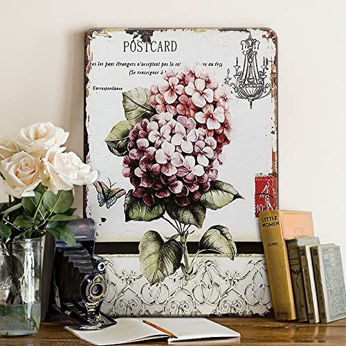 Plaque en métal vintage pour jardin - Motif fleur d'hortensia - Décoration murale rétro - 20,3 x 30,5 cm