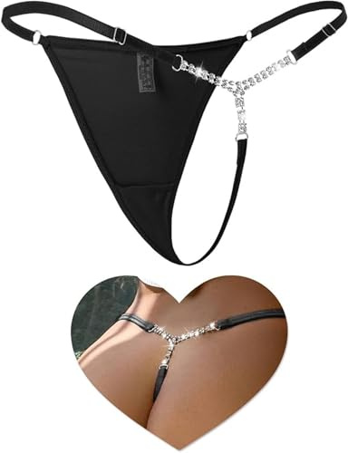 ohyeahlady G-Strings for Women Sexy Shiny Crystal Chain Micro Thongs T-back Tangas Briefs Plus Size Underwear Low Rise Mesh Panties Black,Size 8-10