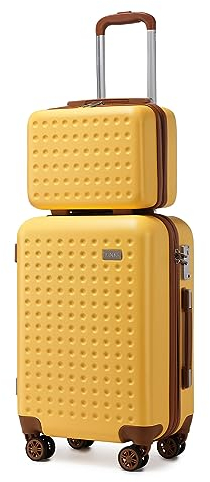 KONO Handgepäck Koffer Set mit Kosmetikkoffer Reisegepäck-Sets Beautycase Koffer Trolleys 100% ABS Reisekoffer Hartschalenkoffer Rollkoffer TSA-Schloss Gelb