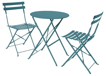 sweeek - Table de Jardin bistrot Pliante métal + 2 assises Bleu Canard Ø60 x 70cm. Acier thermolaqué